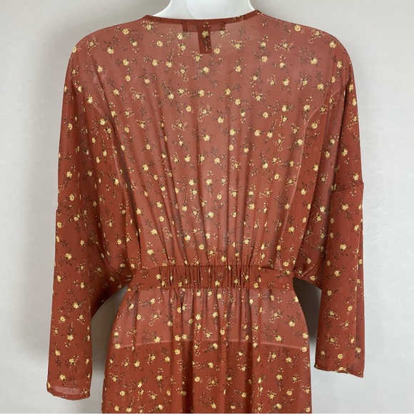 Forever 21 Floral Kimono Robe Semi-Sheer Size Medium Brown Belted Yellow Roses - Picture 8 of 10